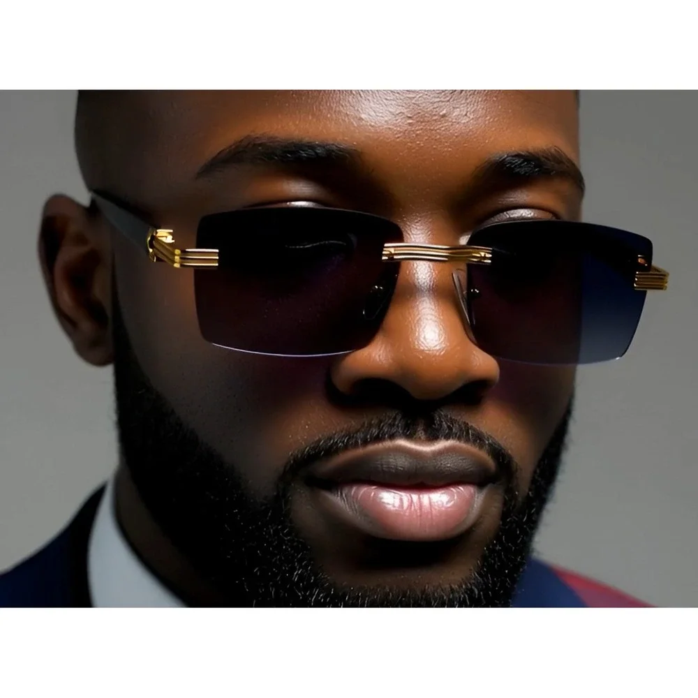 Rimless Sunglasses Men Fashion Designer Rectangle‎ Dark Black Driving Trendy Rap